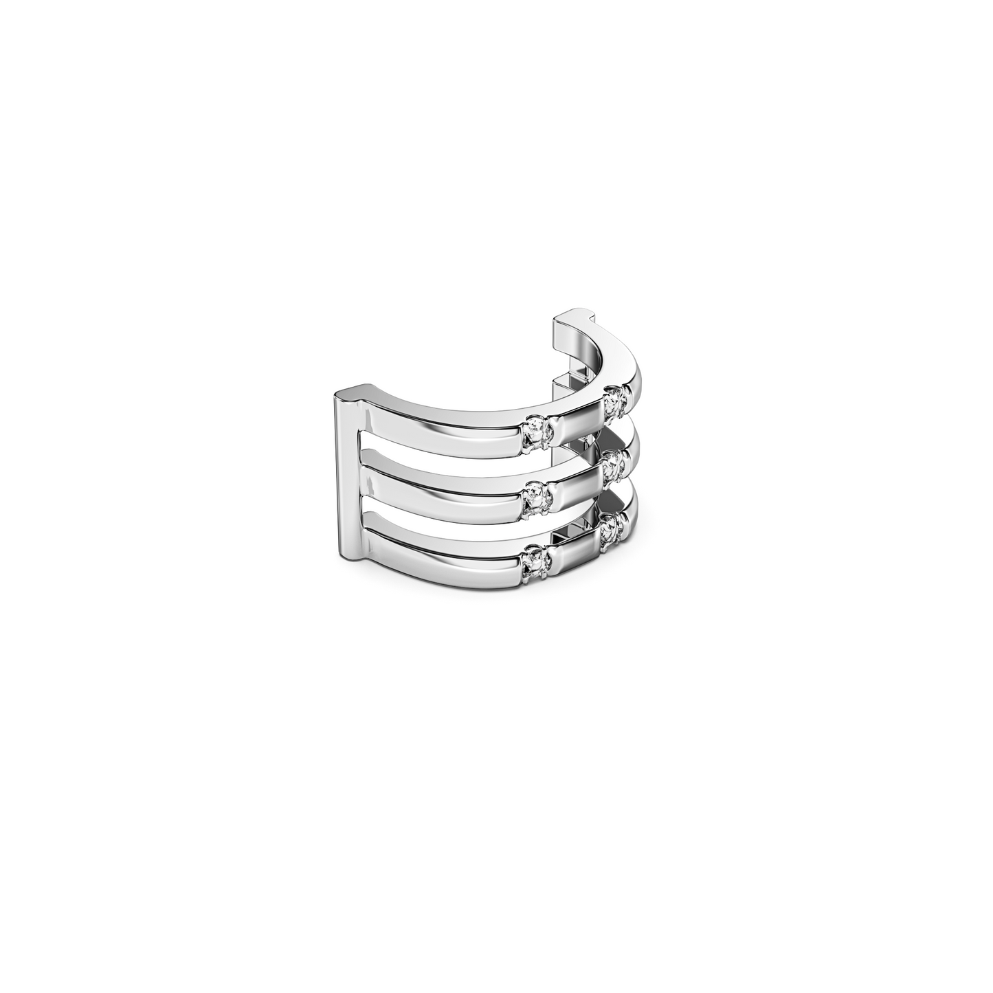 Three-line silver puzzle ring element with six white quartz gems