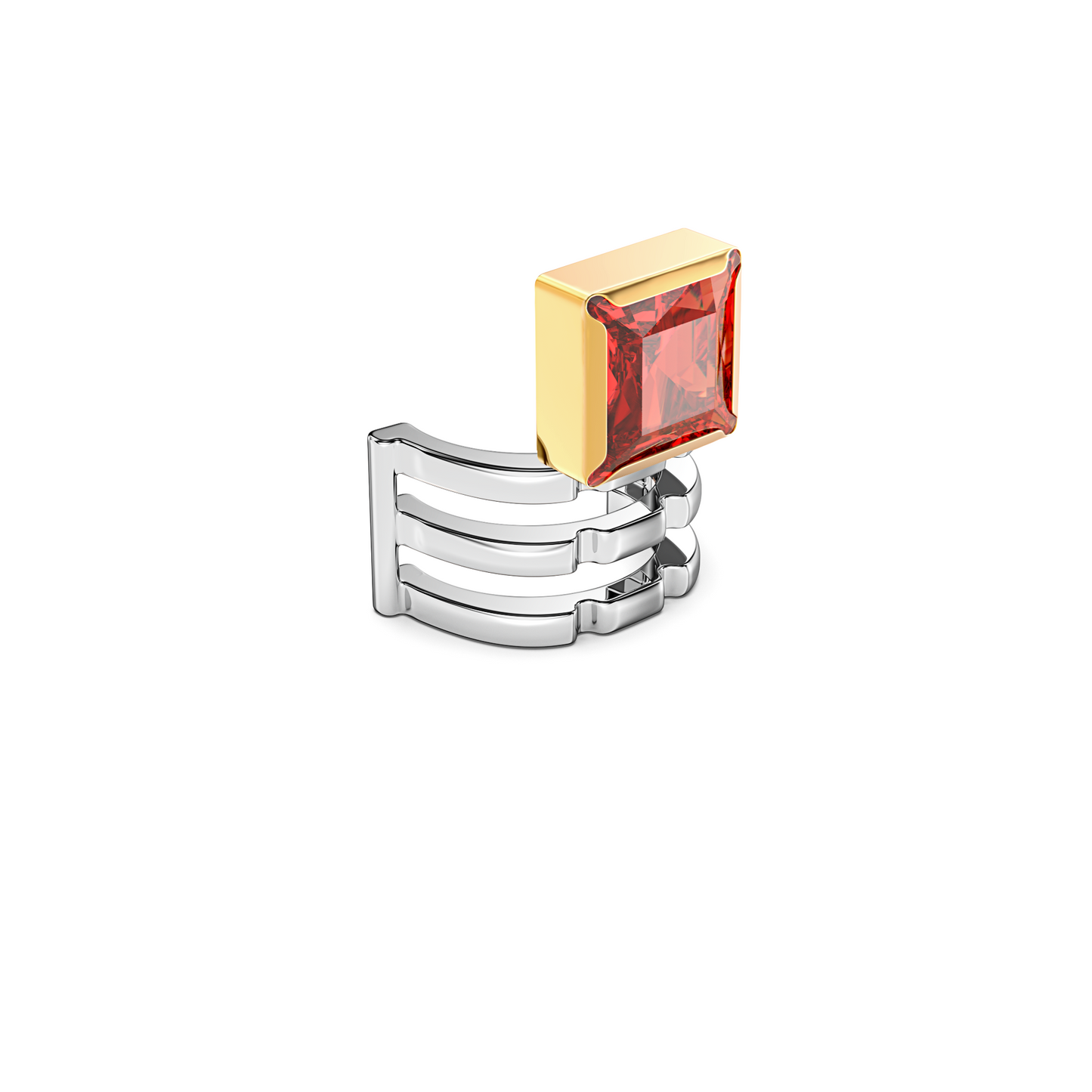 Three-line silver puzzle ring element with ruby gem